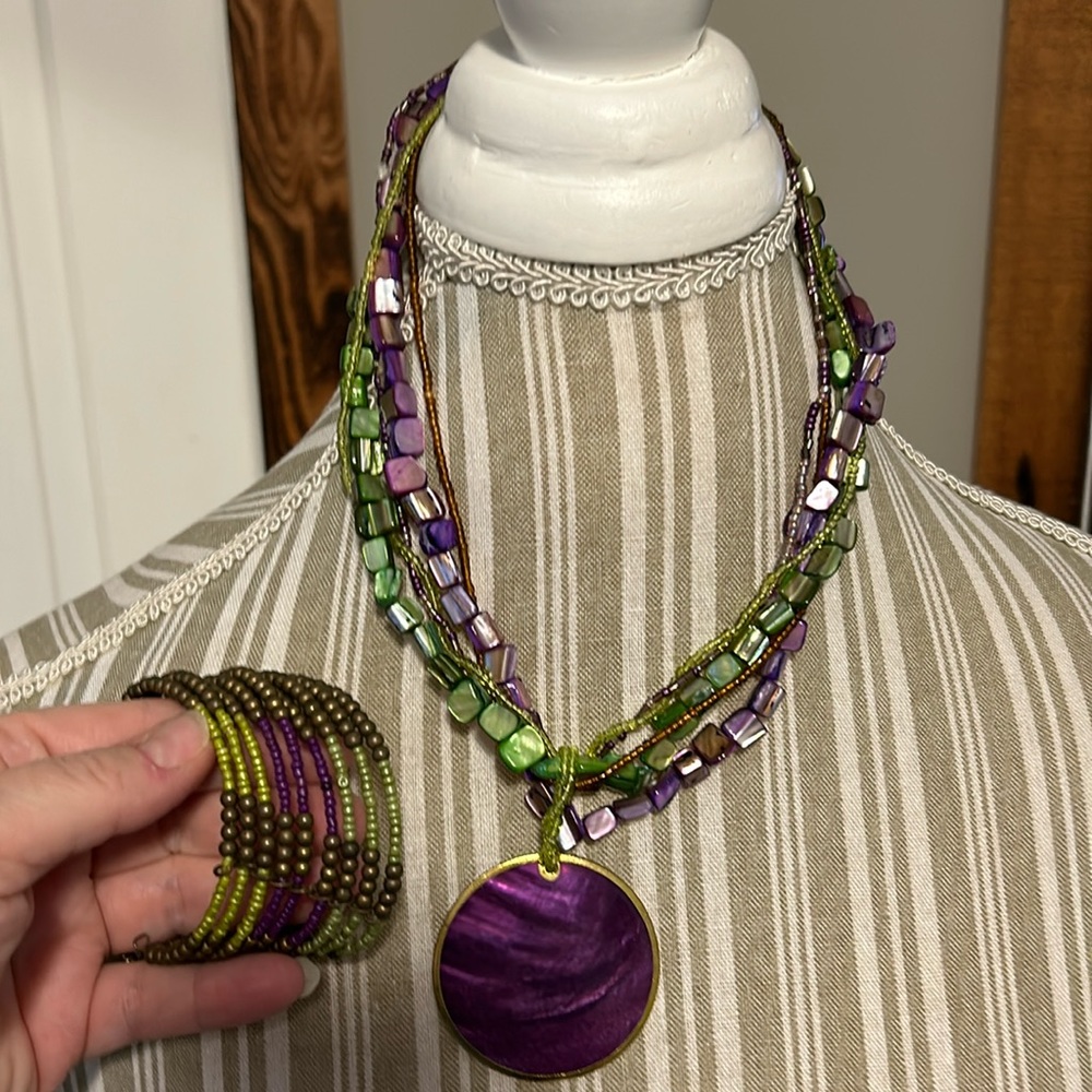 Multi strand purple and green necklace and bracelet set